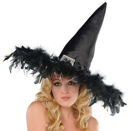 Black witch hat with feathered trim